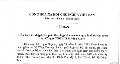 Biên bản kiểm tra việc nhập khẩu phôi thép hợp kim chứa Boron, Crôm tại Công ty TNHH thép Vina Kyoei