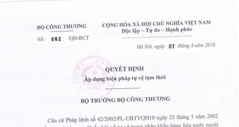 Quyết định áp dụng biện pháp tự vệ tạm thời