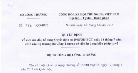 Quyết định về việc sửa đổi và bổ sung QĐ số 2968/QĐ-BCT ngày 18/7/2016 của Bộ trưởng Bộ Công Thương về việc áp dụng biện pháp tự vệ (SG04)