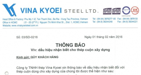 THÔNG BÁO: Dấu hiệu nhận biết cho Thép Cuộn xây dựng