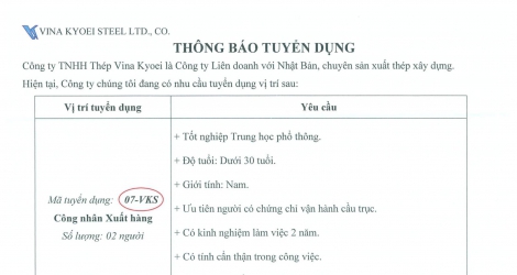 THÔNG BÁO TUYỂN DỤNG CÔNG NHÂN XUẤT HÀNG T1/2022