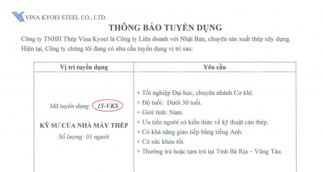 THÔNG BÁO TUYỂN DỤNG KỸ SƯ CƠ KHÍ T6/2022