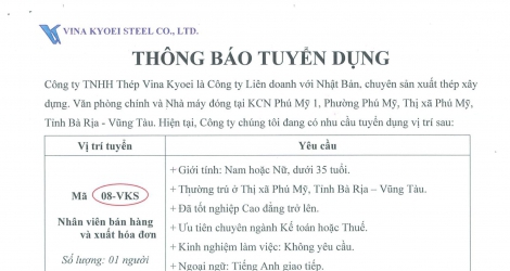 THÔNG BÁO TUYỂN DỤNG NHÂN VIÊN BÁN HÀNG VÀ XUẤT HÓA ĐƠN